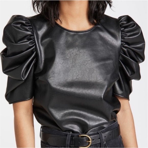 Cinq a Sept sz S Erin Short Sleeves Faux Leather Top Women's Black - Picture 2 of 8